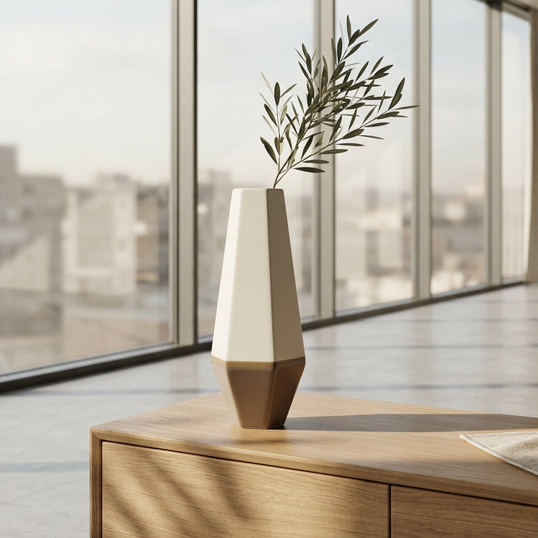 A modern geometric ceramic vase with a faceted, cone-like design, featuring a glossy off-white upper section and a matte taupe-brown lower section, set against a plain white background.