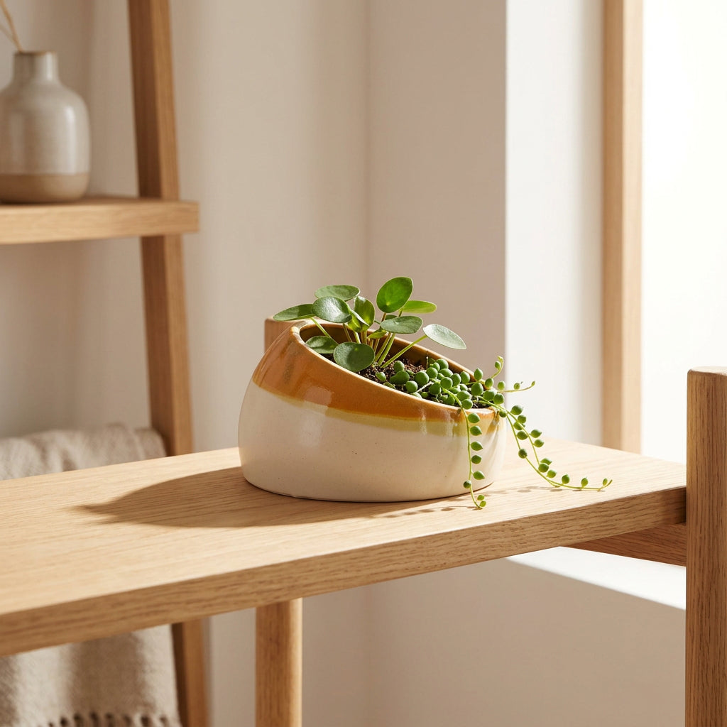 A handmade ceramic planter with a wide, rounded base, featuring a matte off-white exterior and a glossy terracotta orange glazed rim, 