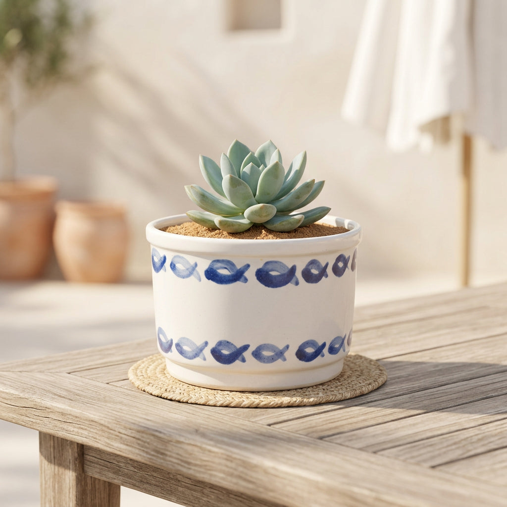 A small white ceramic ramekin decorated with two horizontal bands of blue fish motifs