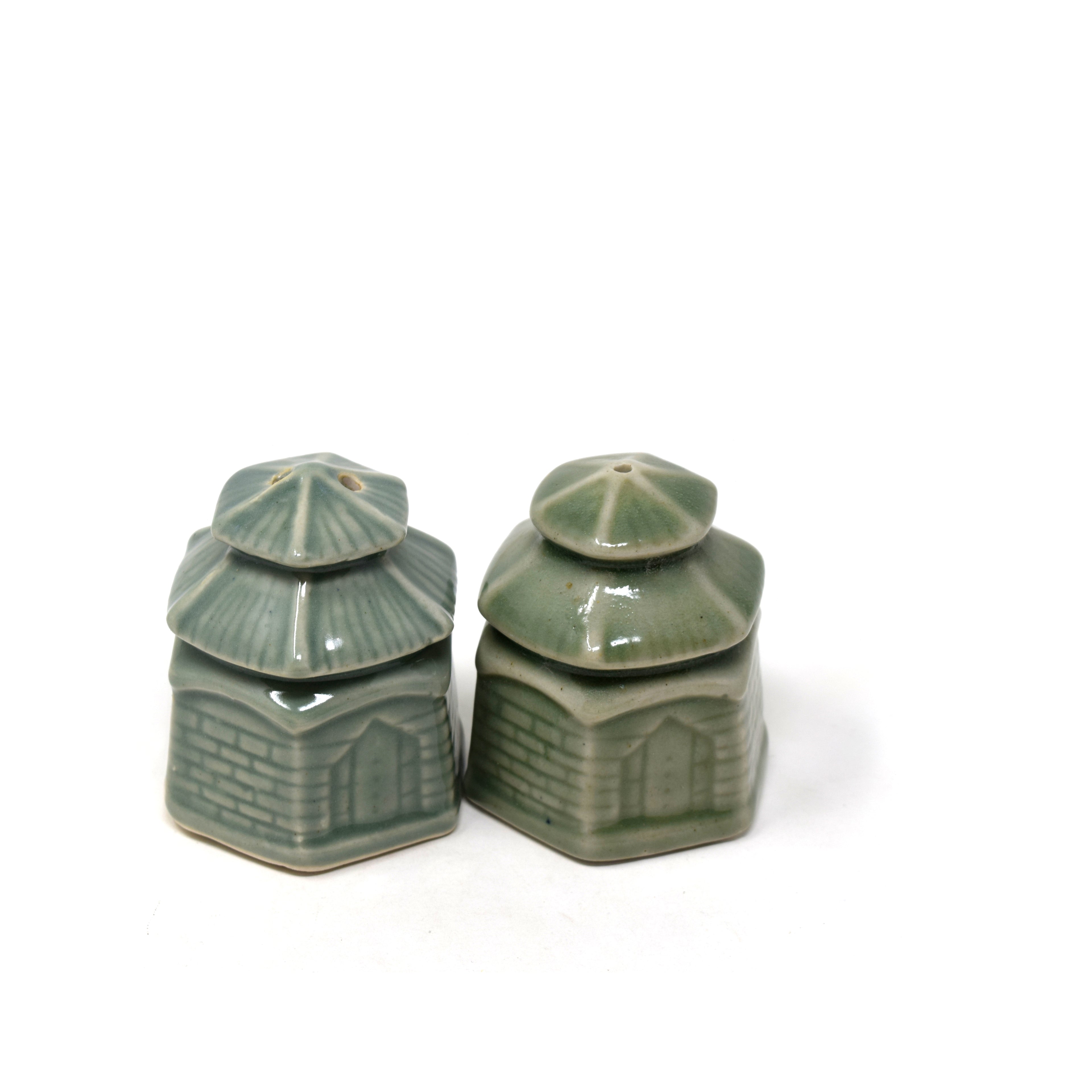 Ceramic Salt and Pepper Shaker Designed as Miniature Pagoda or Temple Home