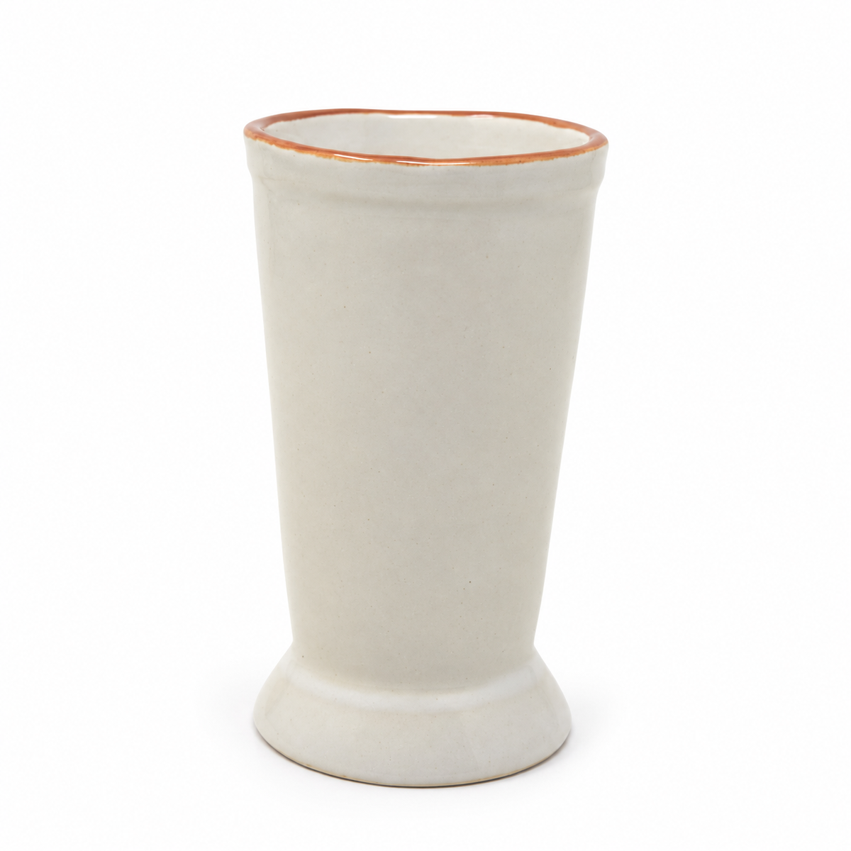 Ceramic drinking glass tumbler with cylindrical body, rounded rim, smooth glazed finish and flared pedestal base