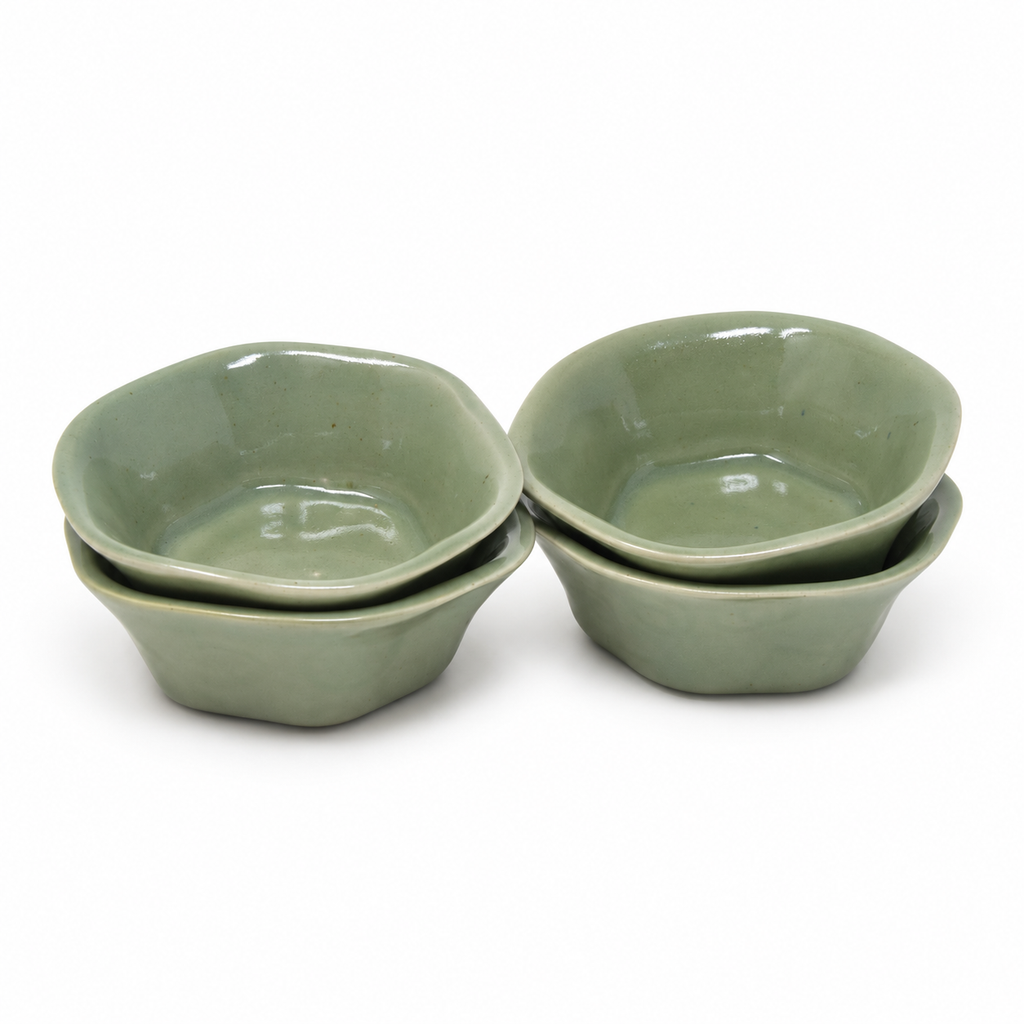 Set of 4 ceramic snack and dip bowls with rounded square shape, flared rims and smooth glazed finish