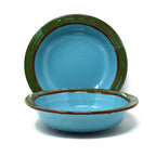Two turquoise bowls with wide green rims 