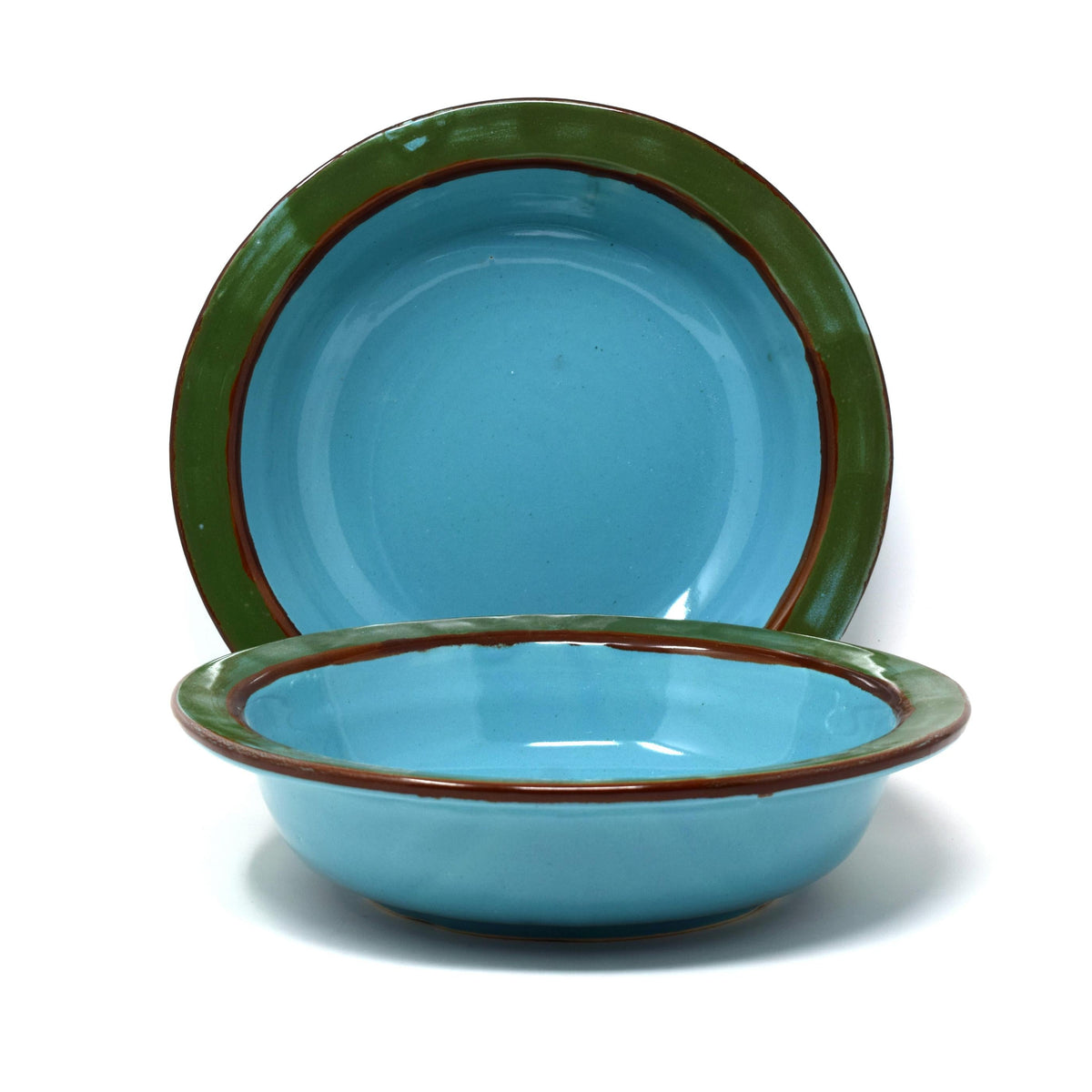 Two turquoise bowls with wide green rims 