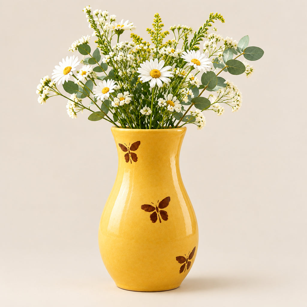 Yellow ceramic vase with butterfly designs 