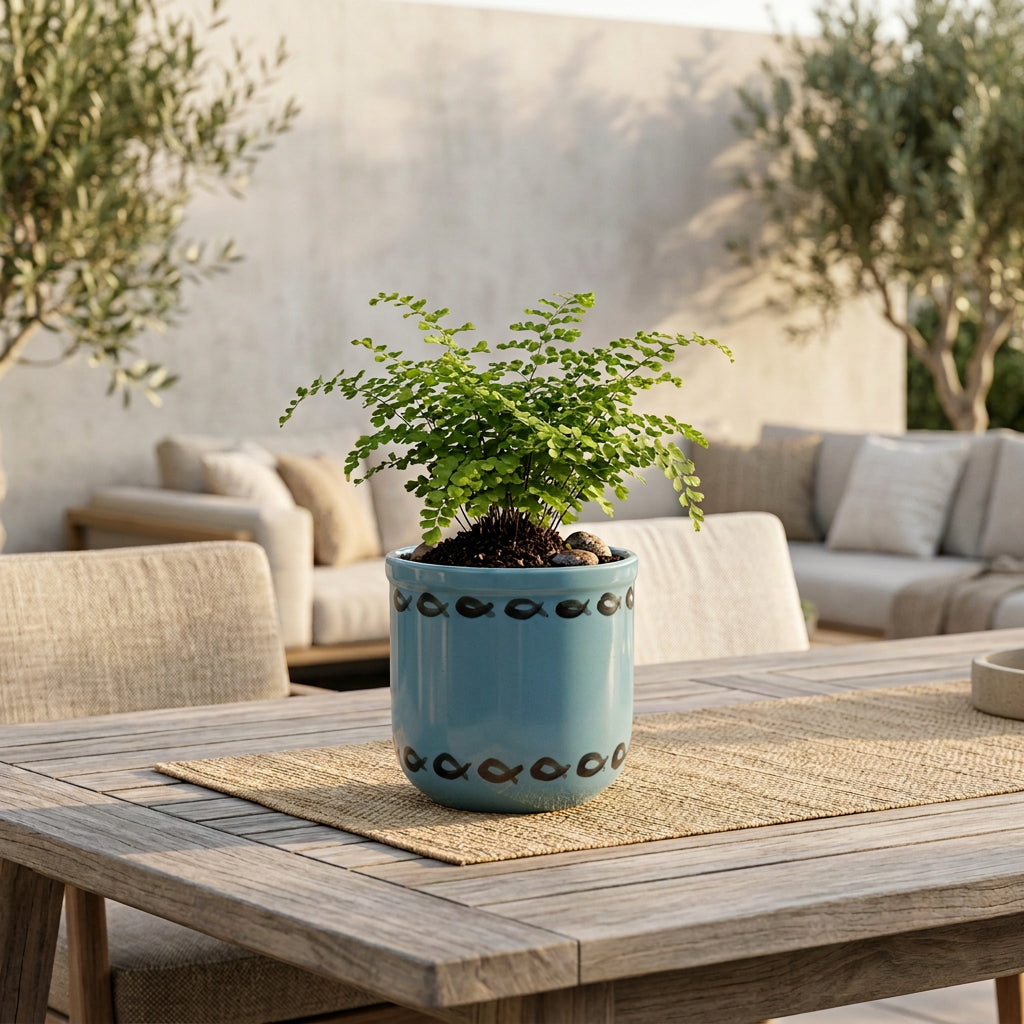 A blue ceramic cup with a black fish pattern around the rim,