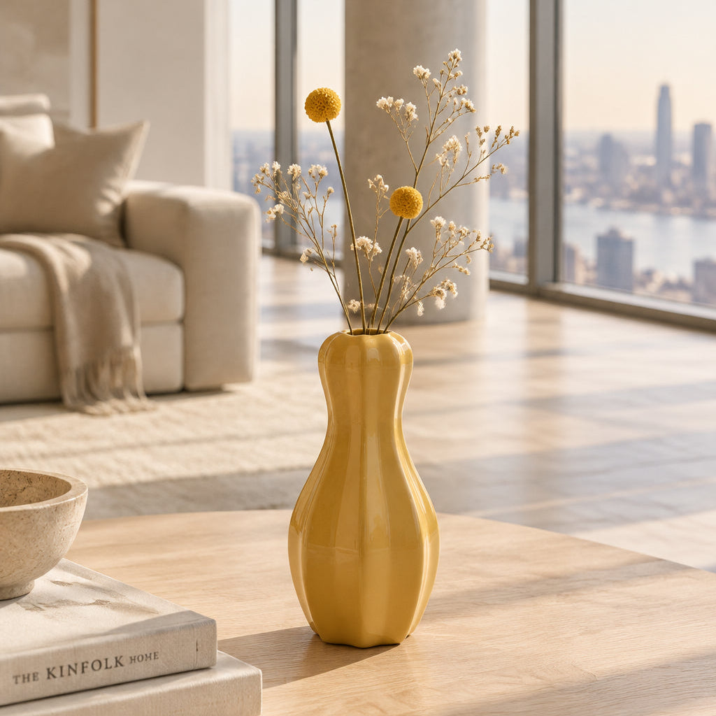 A yellow ceramic vase with a smooth finish and a wide mouth, standing upright against a white background.
