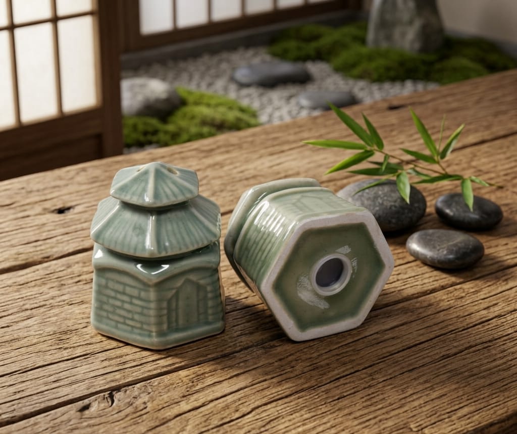 Ceramic Salt and Pepper Shaker Designed as Miniature Pagoda or Temple Home