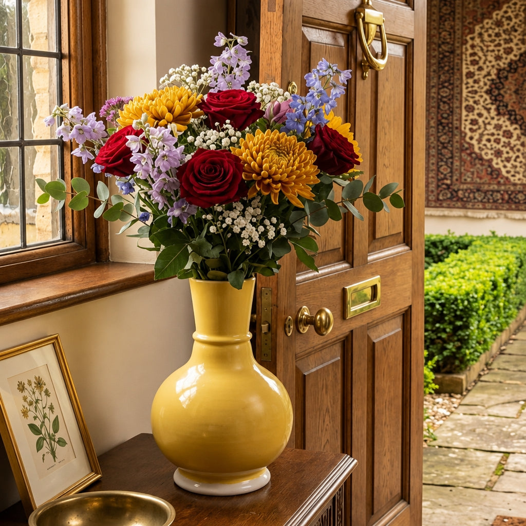 A bright yellow ceramic vase filled with a colorful flower arrangement, including red roses, yellow chrysanthemums, purple delphiniums, and white baby's breath, displayed on a wooden console table in front of a warm wooden door.