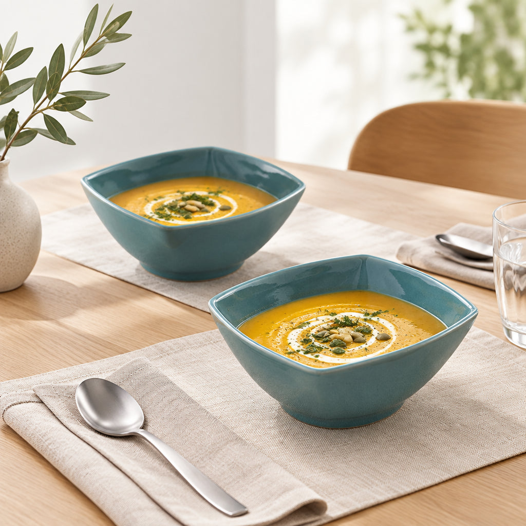 Two square ceramic bowls with rounded corners in a glossy teal blue-green glaze.