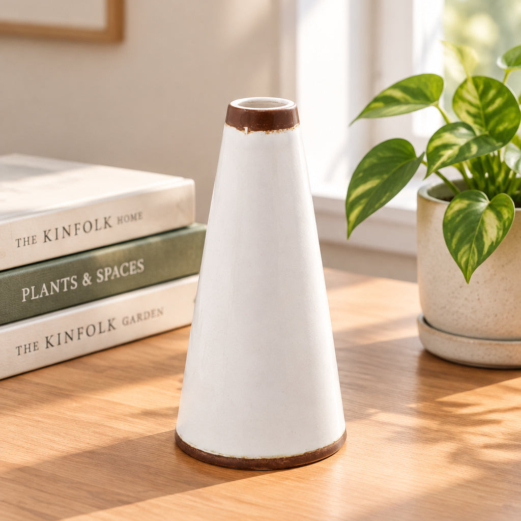 A small white ceramic vase with a tapered conical shape, featuring a rustic dark brown glazed rim at the top and bottom, set against a plain white background.