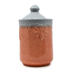 Ceramic storage jar front view showing beaded texture
