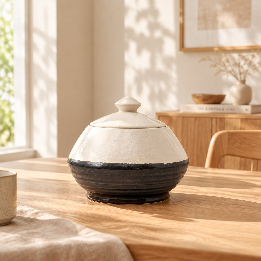ribbed ceramic container jar handi with cover lid white