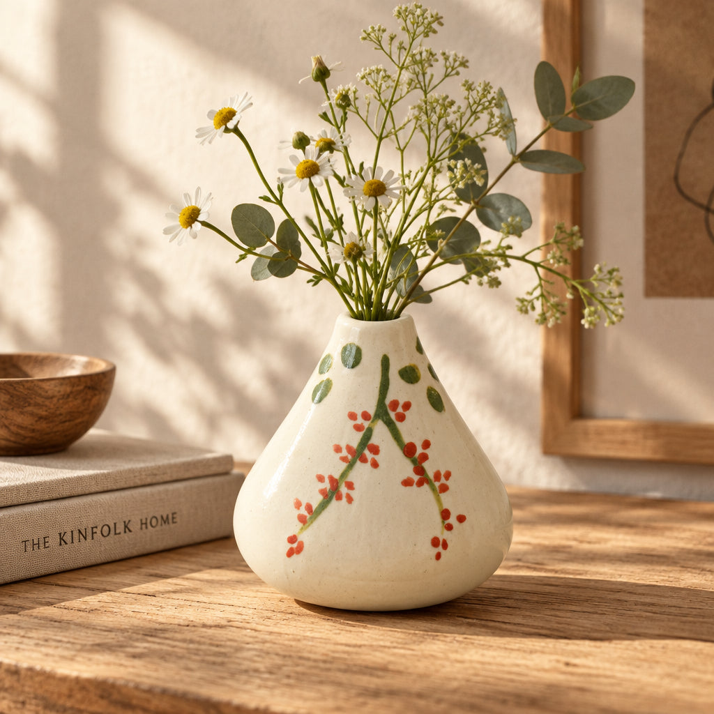 A small teardrop-shaped ceramic vase with a cream-colored glaze, decorated with green leaves and red berry branches, set against a plain white background.
