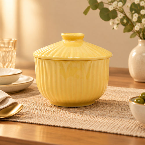 fluted ceramic storage bowl with lid 500ml yellow