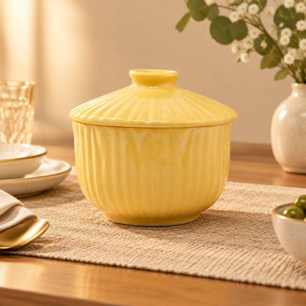 fluted ceramic storage bowl with lid 500ml yellow