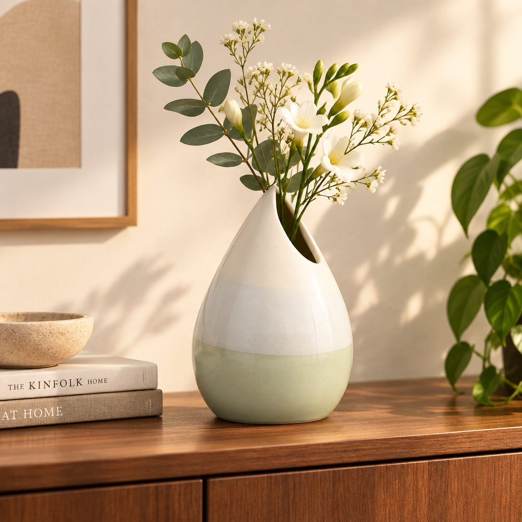 A brown stoneware ceramic vase with a teardrop shape and a hole at the top, resembling a water droplet.